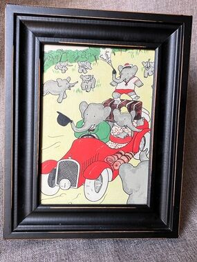 Framed original 1938 Babar Book Illustration, NOT a reproduction 9.25x 7.25